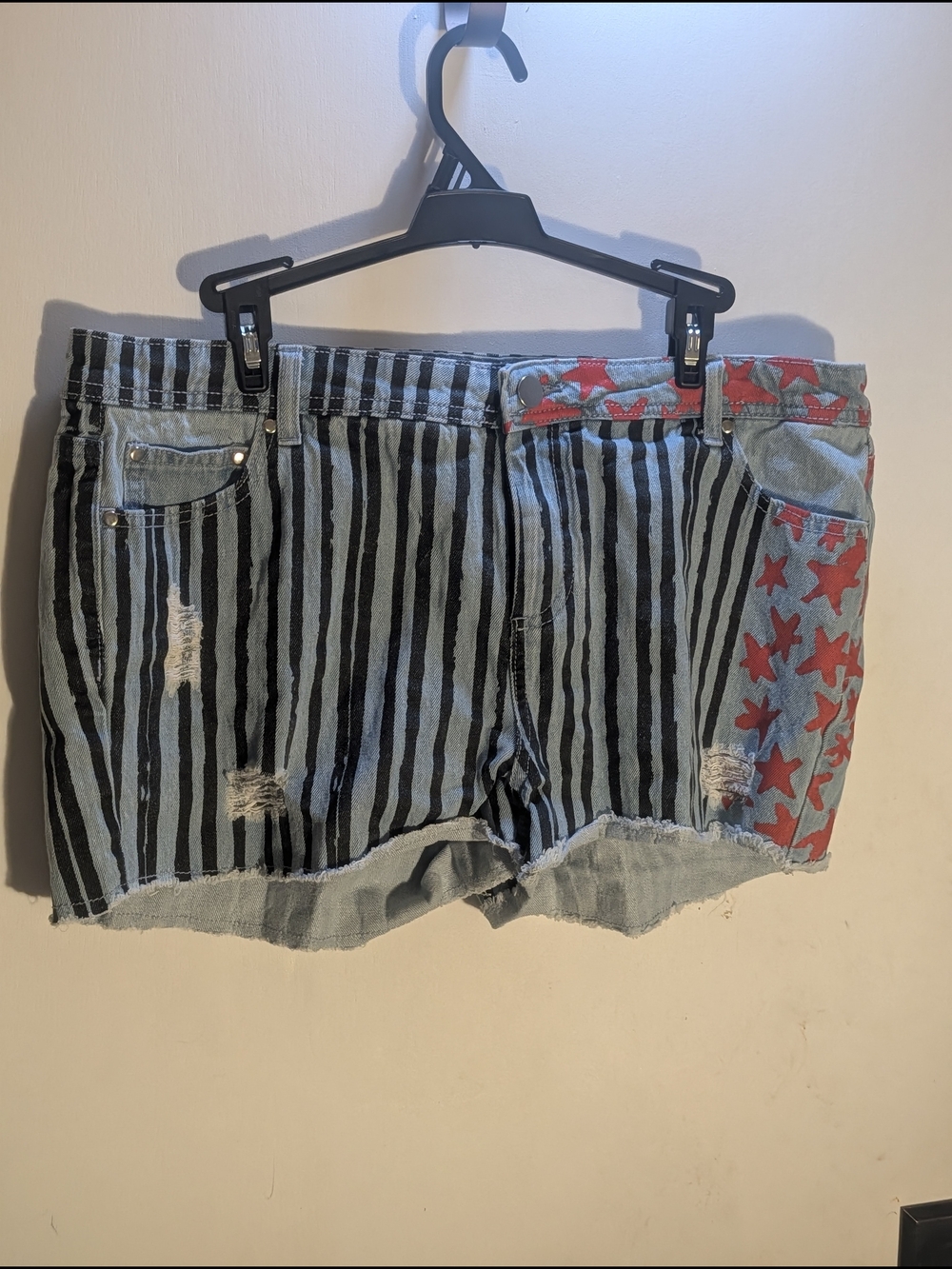 Her Universe Black-and-Light Blue Striped Denim Shorts with Red Star Panel
